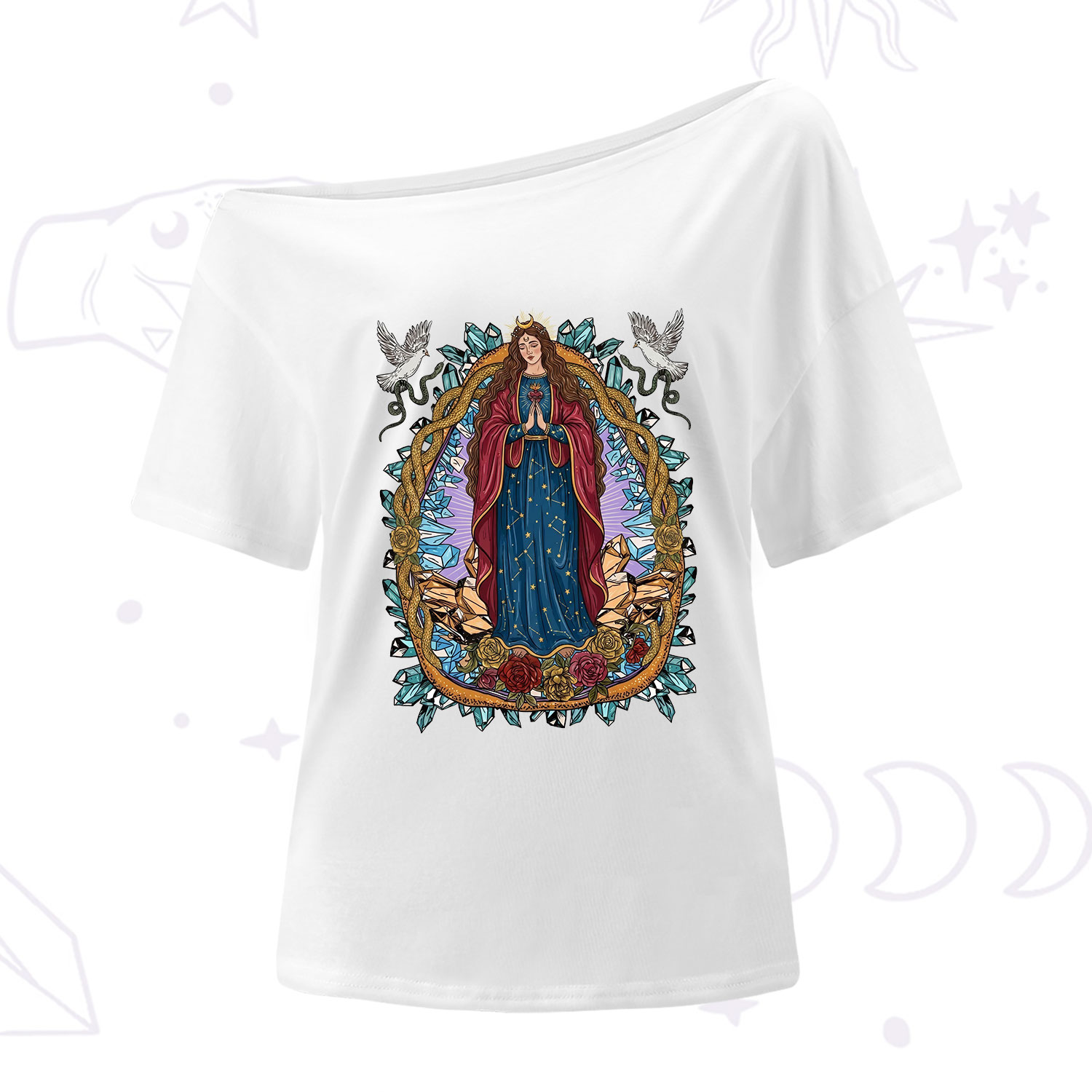 Purplehecate Crystal Rose Madonna One Shoulder T-Shirt
