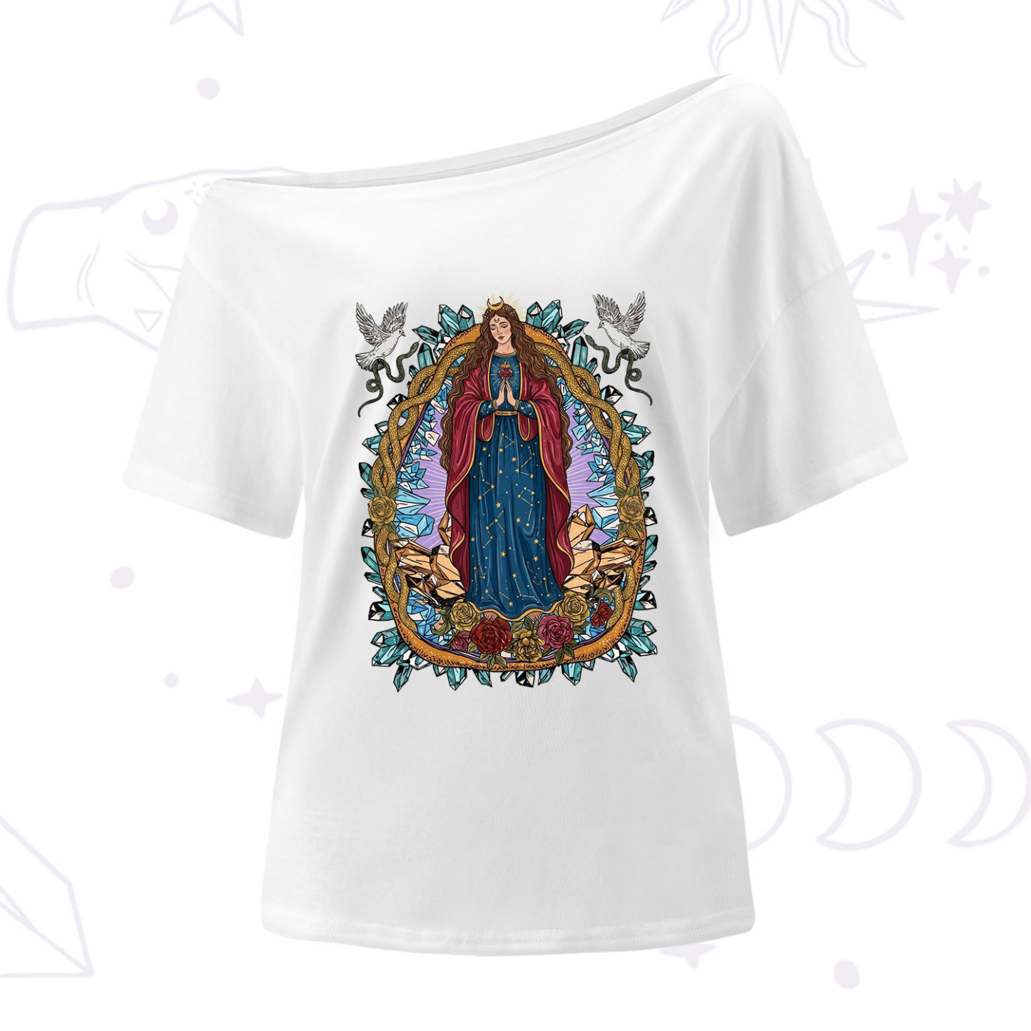 Purplehecate Crystal Rose Madonna One Shoulder T-Shirt