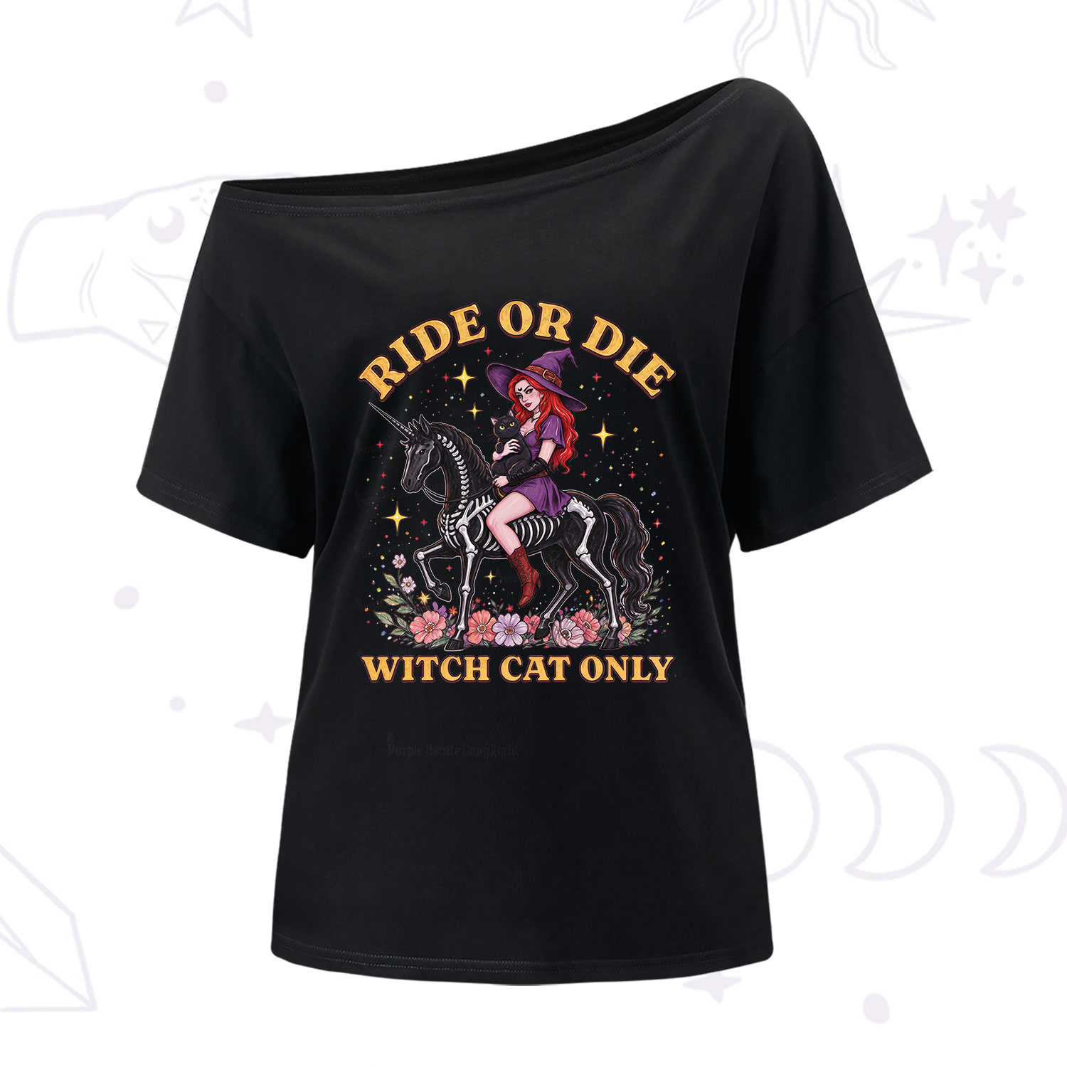 Purplehecate Ride Or Die Witch Cat Only One Shoulder T-Shirt