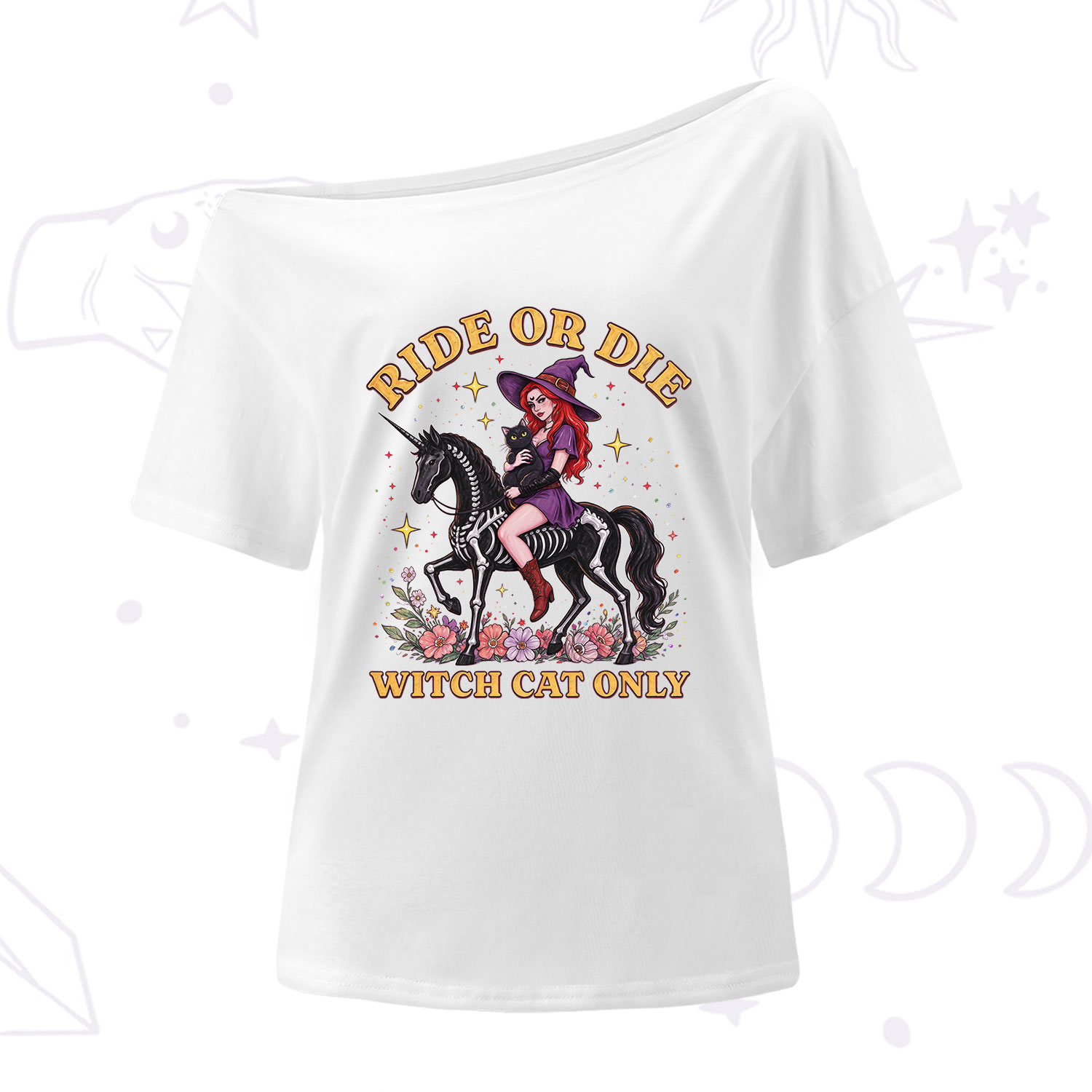 Purplehecate Ride Or Die Witch Cat Only One Shoulder T-Shirt