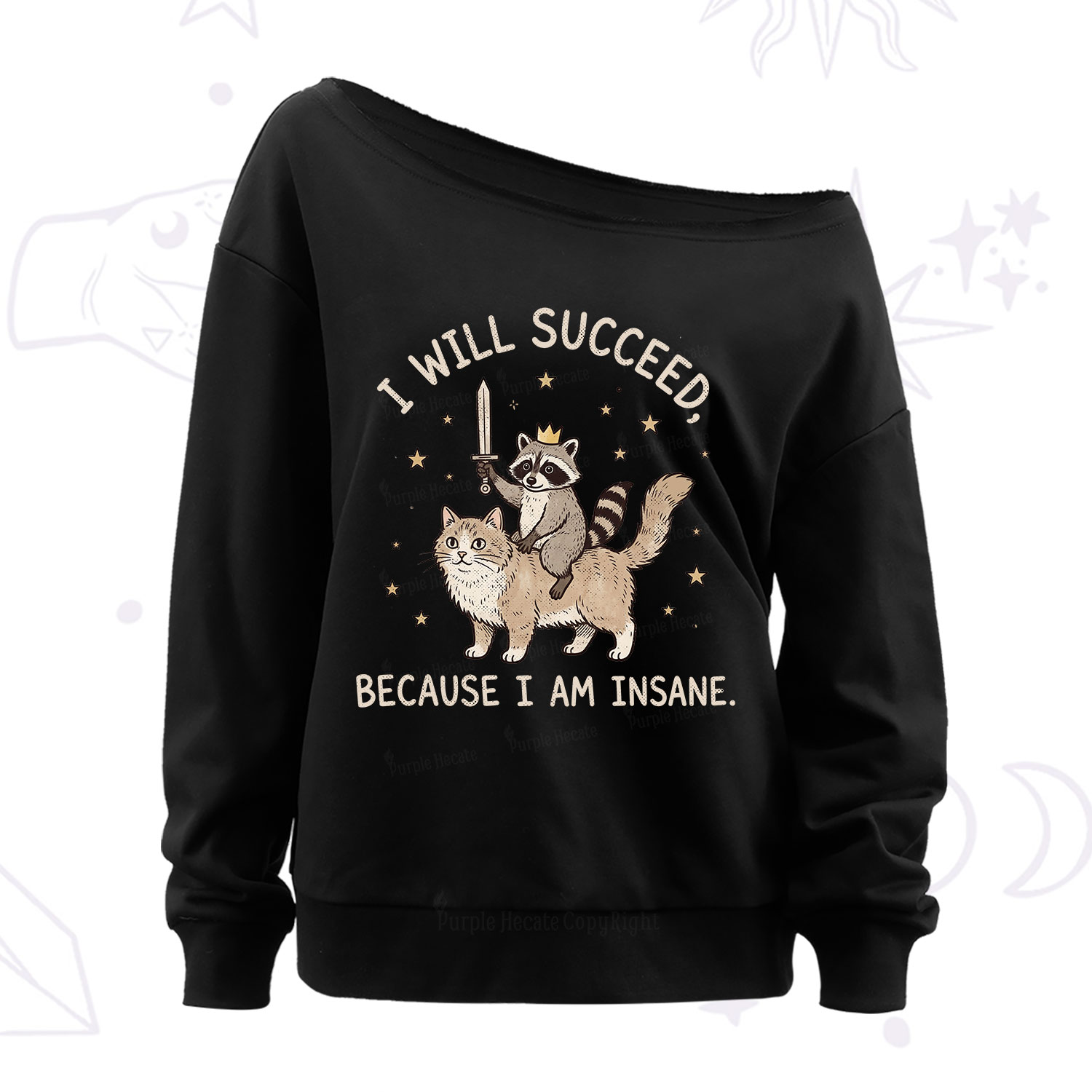 Purplehecate I Will Succeed Because I Am Insane Funny Raccoon Off The Shoulder Sweatshirt