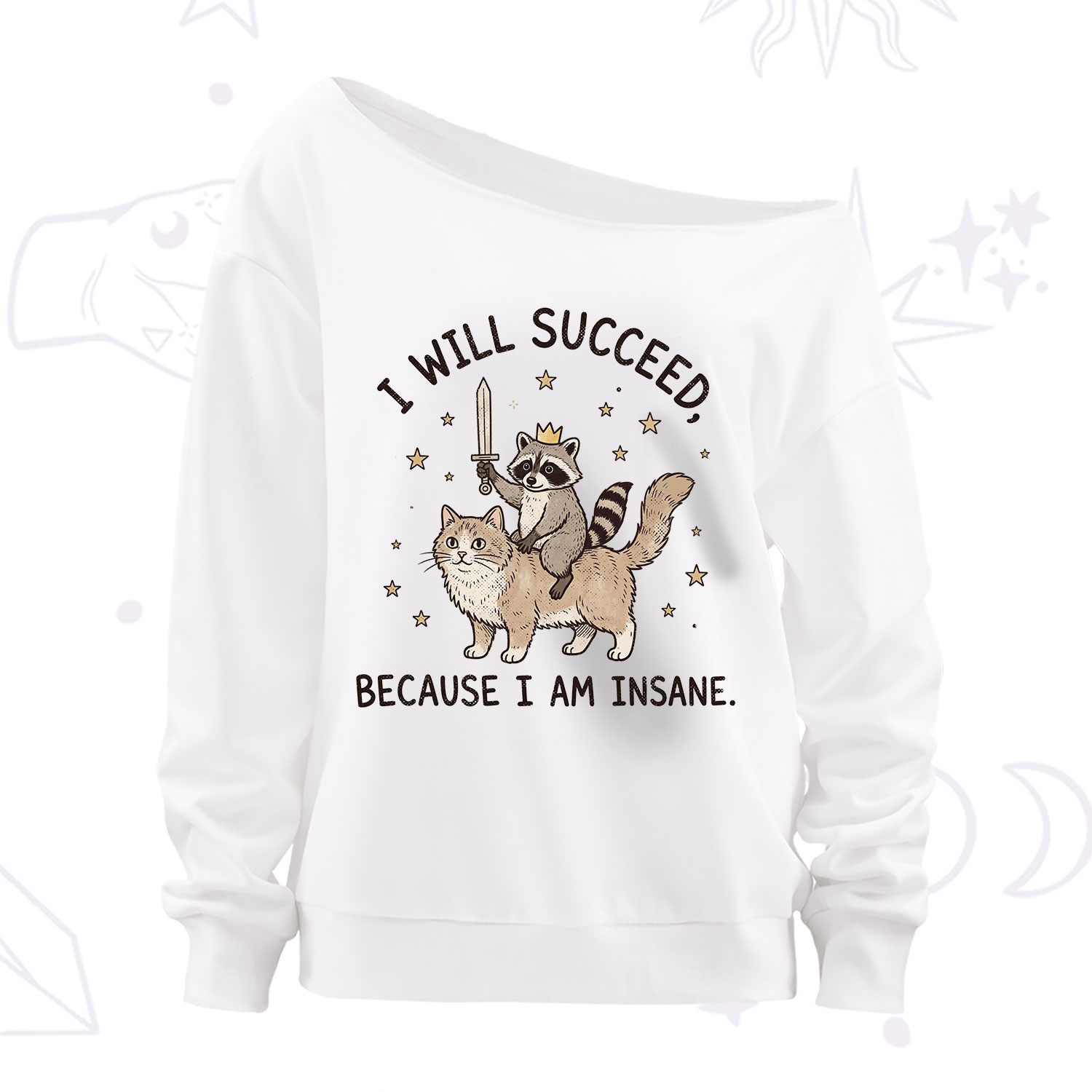 Purplehecate I Will Succeed Because I Am Insane Funny Raccoon Off The Shoulder Sweatshirt