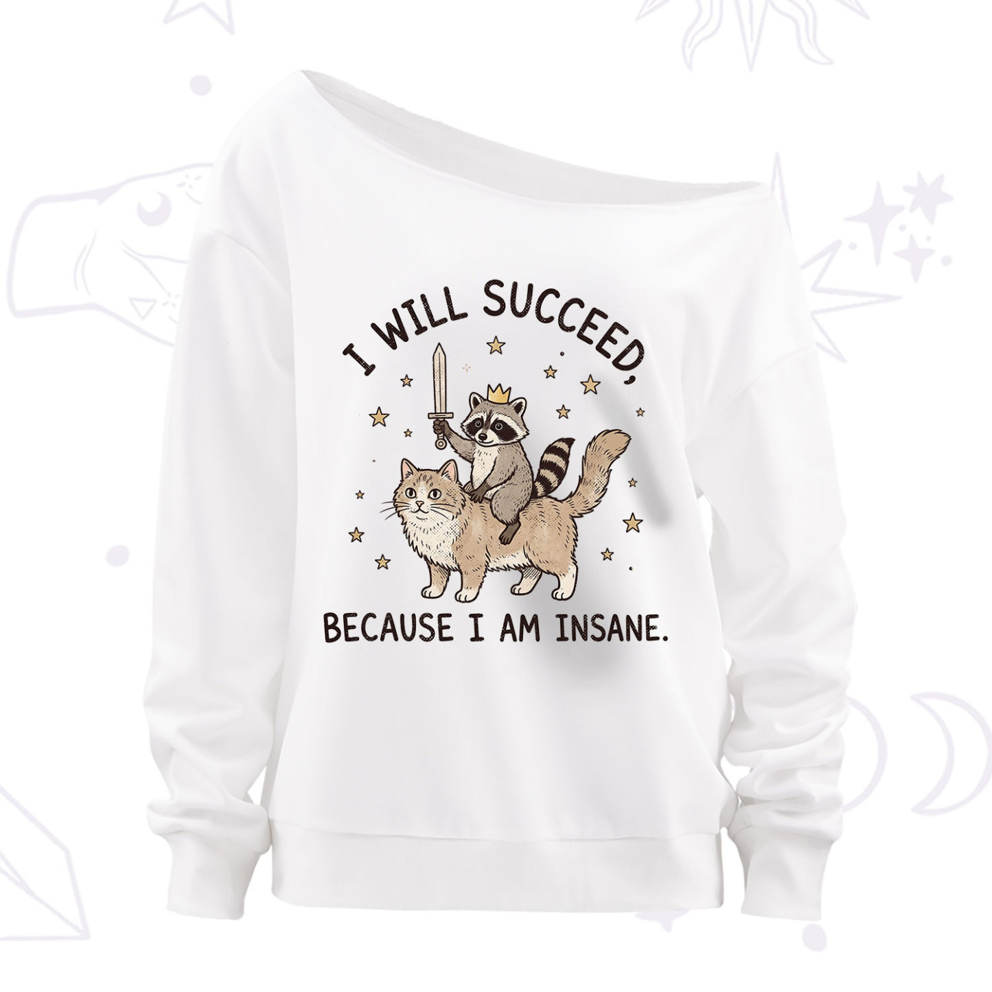 Purplehecate I Will Succeed Because I Am Insane Funny Raccoon Off The Shoulder Sweatshirt