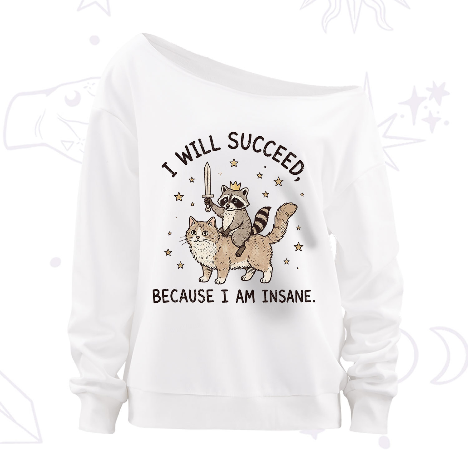 Purplehecate I Will Succeed Because I Am Insane Funny Raccoon Off The Shoulder Sweatshirt