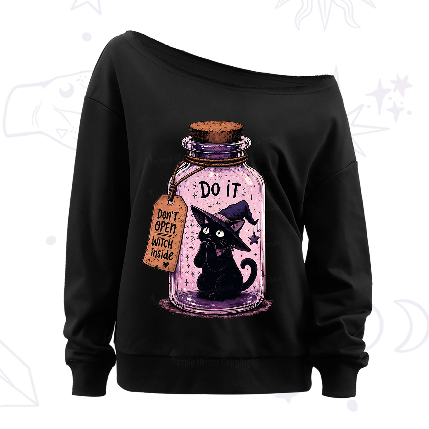 Purplehecate Witchy Cat in a Bottle Off The Shoulder Sweatshirt