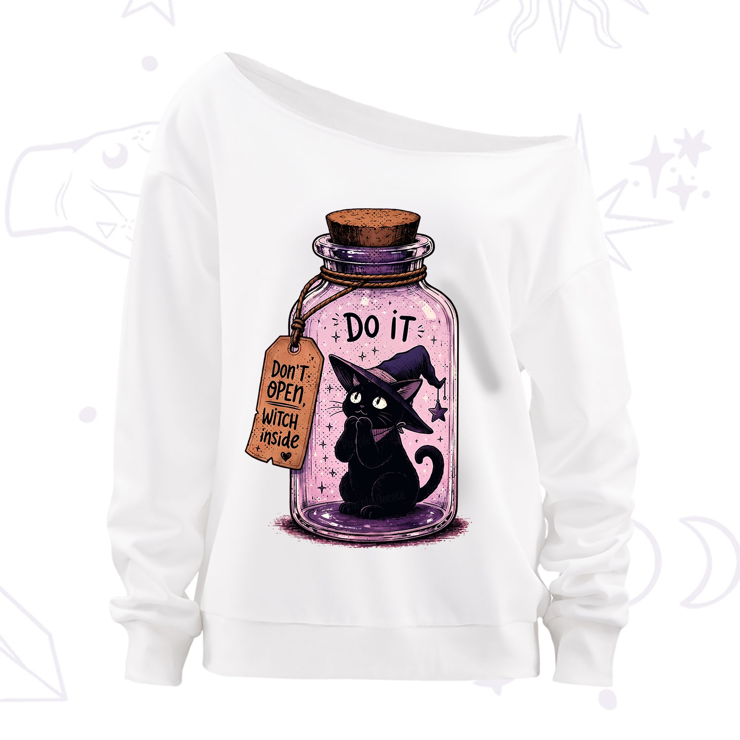 Purplehecate Witchy Cat in a Bottle Off The Shoulder Sweatshirt