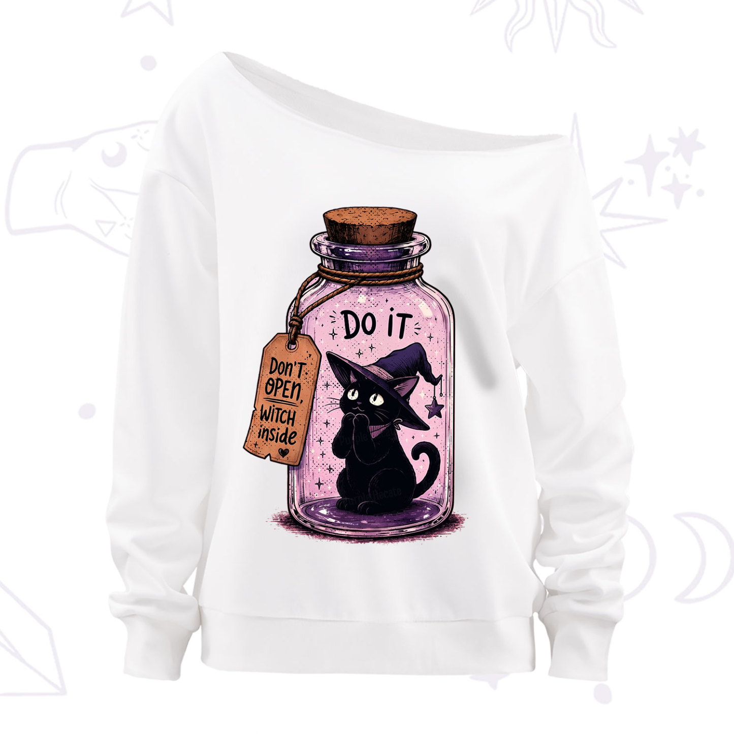 Purplehecate Witchy Cat in a Bottle Off The Shoulder Sweatshirt