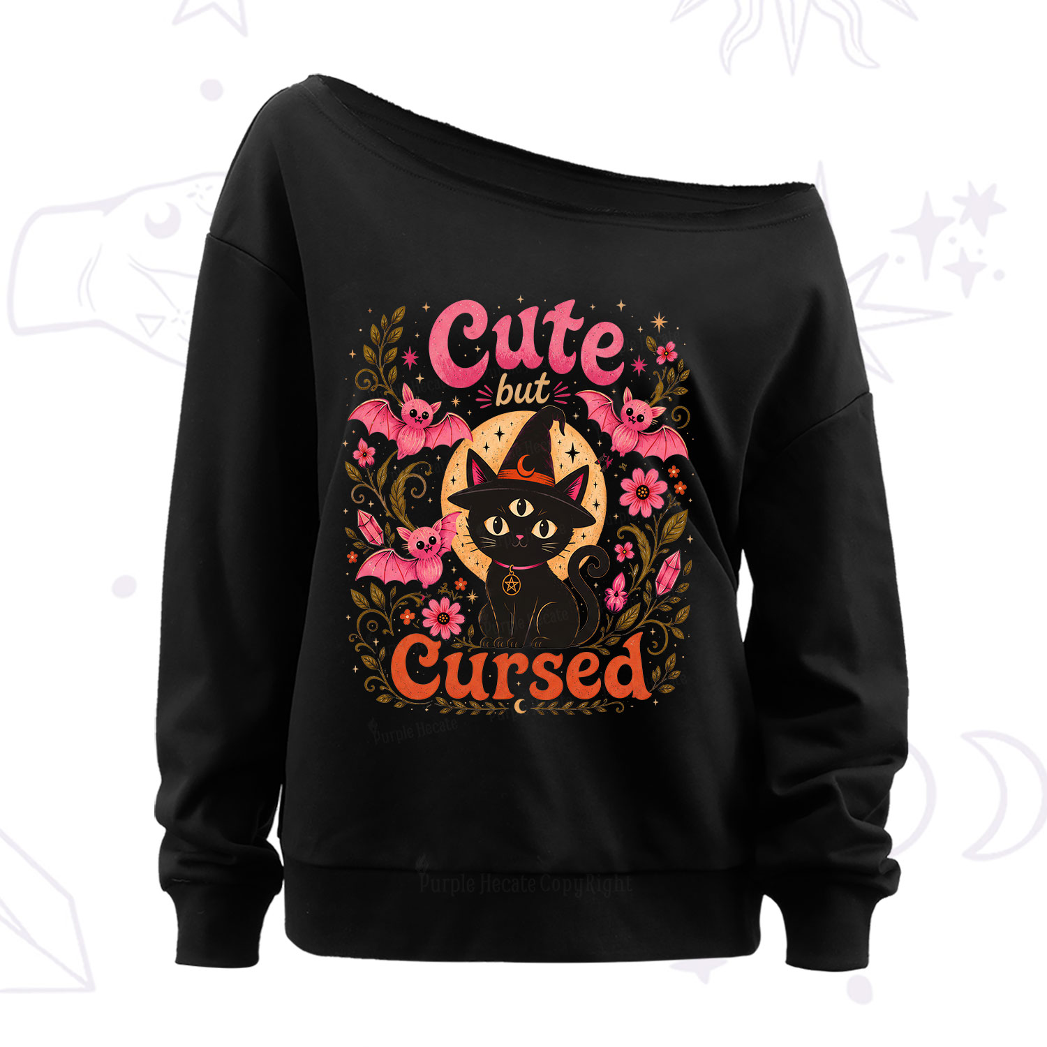 Purplehecate Cute but Cursed Black Cat Off The Shoulder Sweatshirt