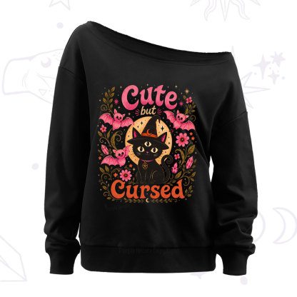Purplehecate Cute but Cursed Black Cat Off The Shoulder Sweatshirt