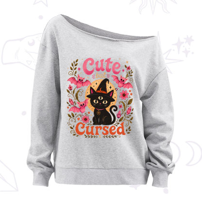 Purplehecate Cute but Cursed Black Cat Off The Shoulder Sweatshirt