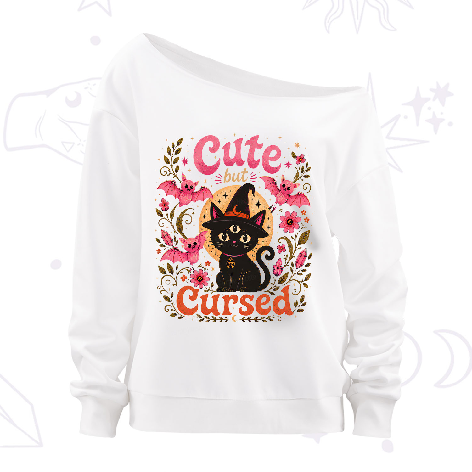 Purplehecate Cute but Cursed Black Cat Off The Shoulder Sweatshirt