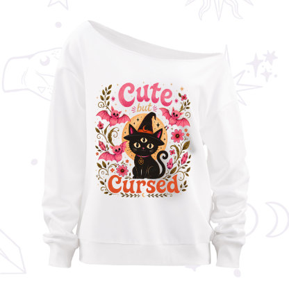 Purplehecate Cute but Cursed Black Cat Off The Shoulder Sweatshirt