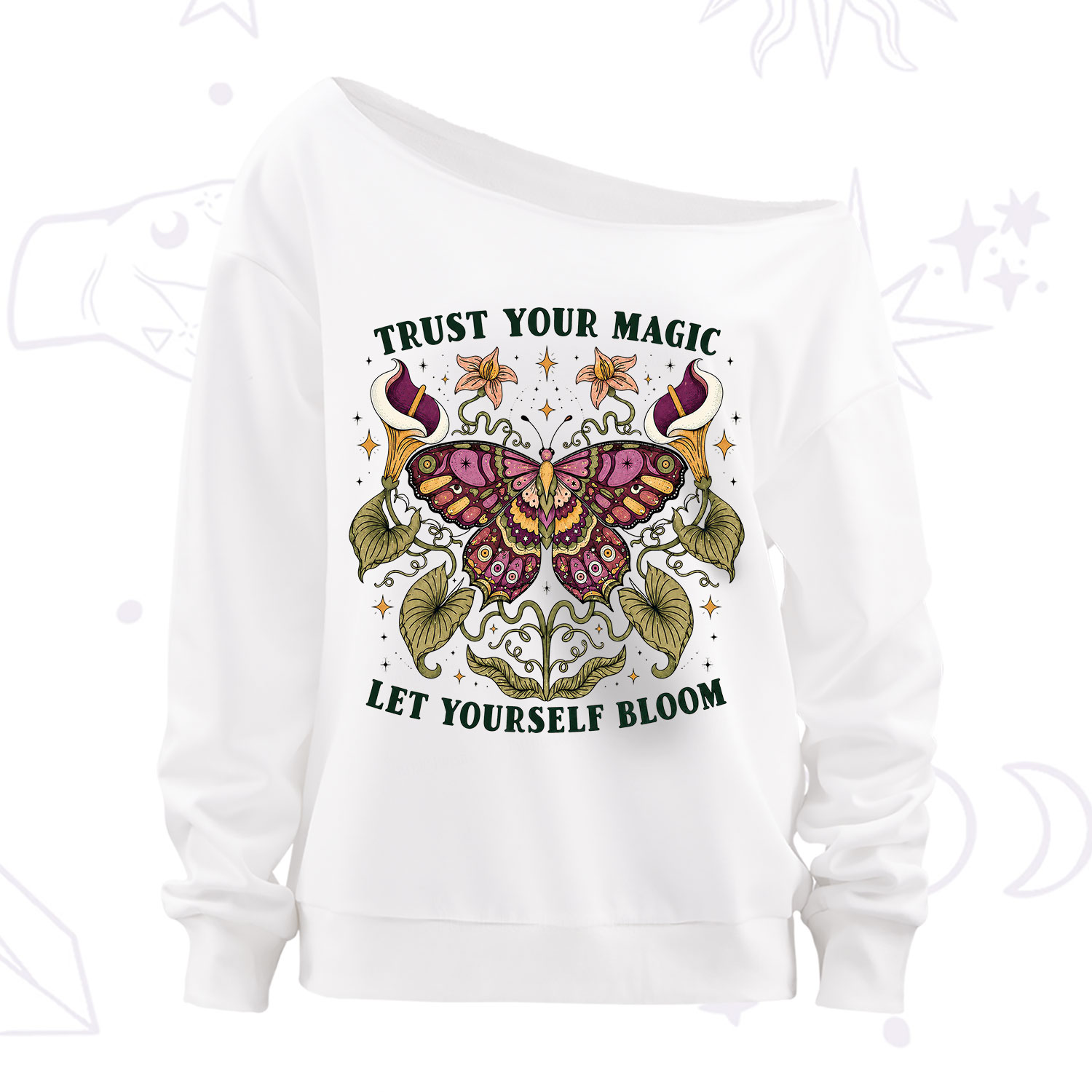 Purplehecate Trust Your Magic Butterfly Off The Shoulder Sweatshirt