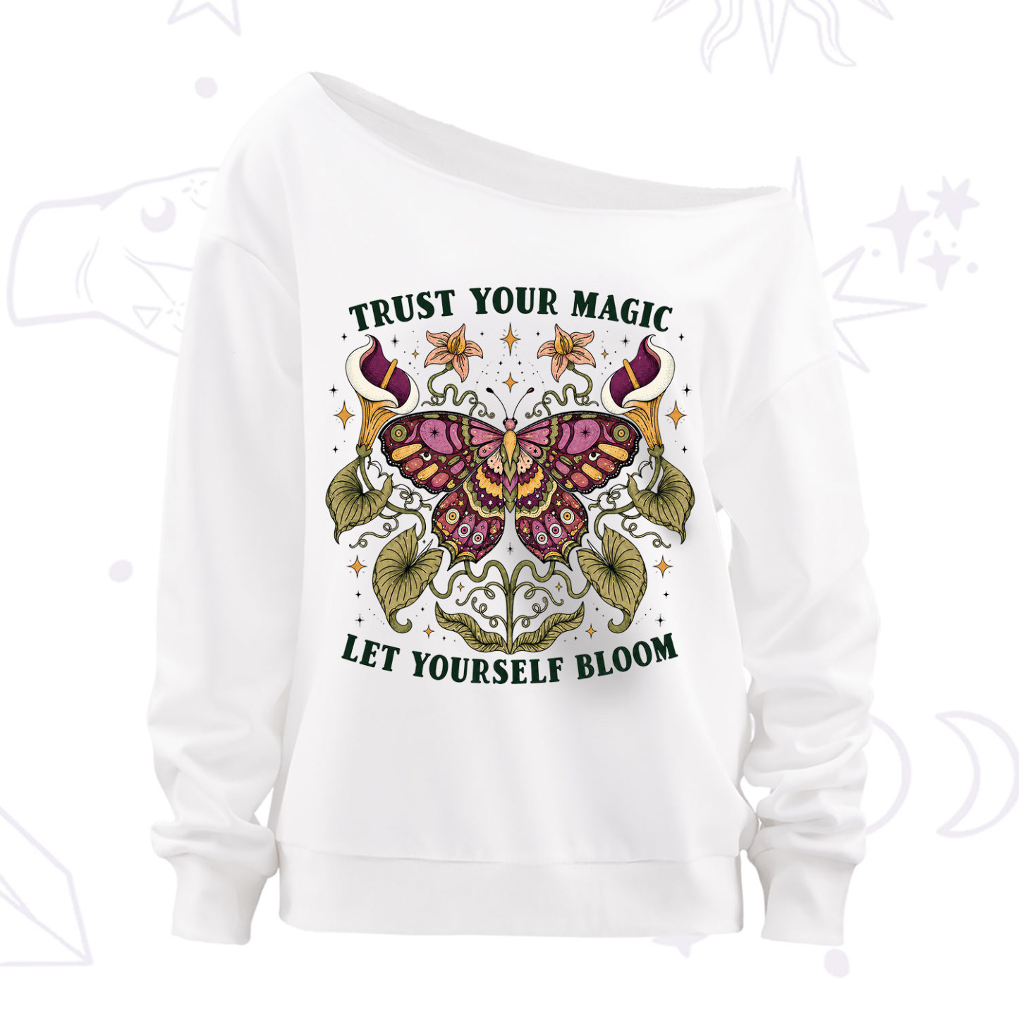 Purplehecate Trust Your Magic Butterfly Off The Shoulder Sweatshirt