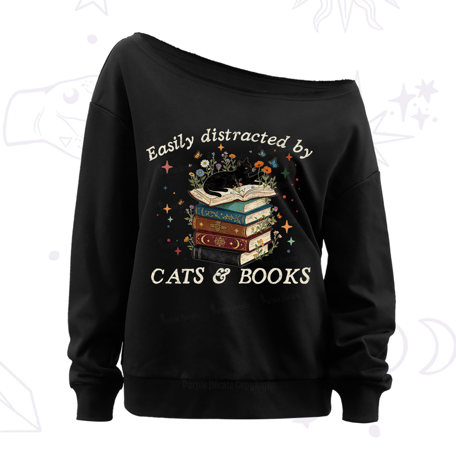 Purplehecate Easily Distracted By Cats And Books Off The Shoulder Sweatshirt
