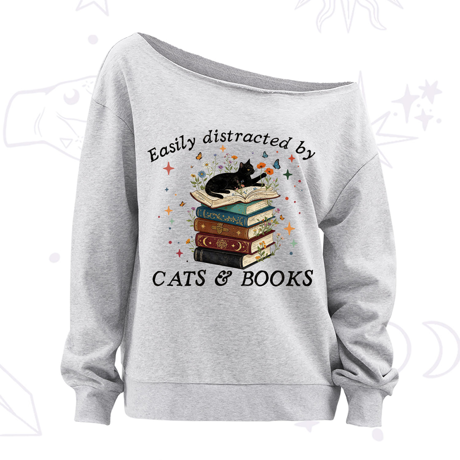 Purplehecate Easily Distracted By Cats And Books Off The Shoulder Sweatshirt
