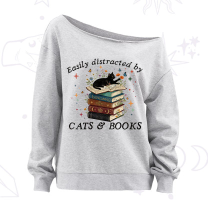 Purplehecate Easily Distracted By Cats And Books Off The Shoulder Sweatshirt