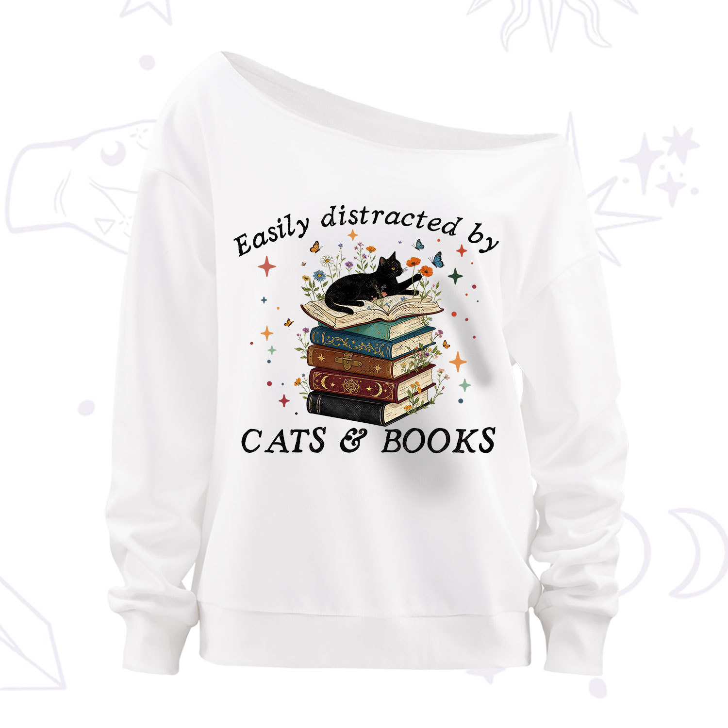 Purplehecate Easily Distracted By Cats And Books Off The Shoulder Sweatshirt