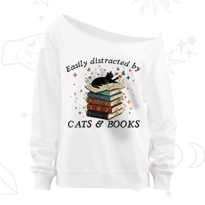 Purplehecate Easily Distracted By Cats And Books Off The Shoulder Sweatshirt