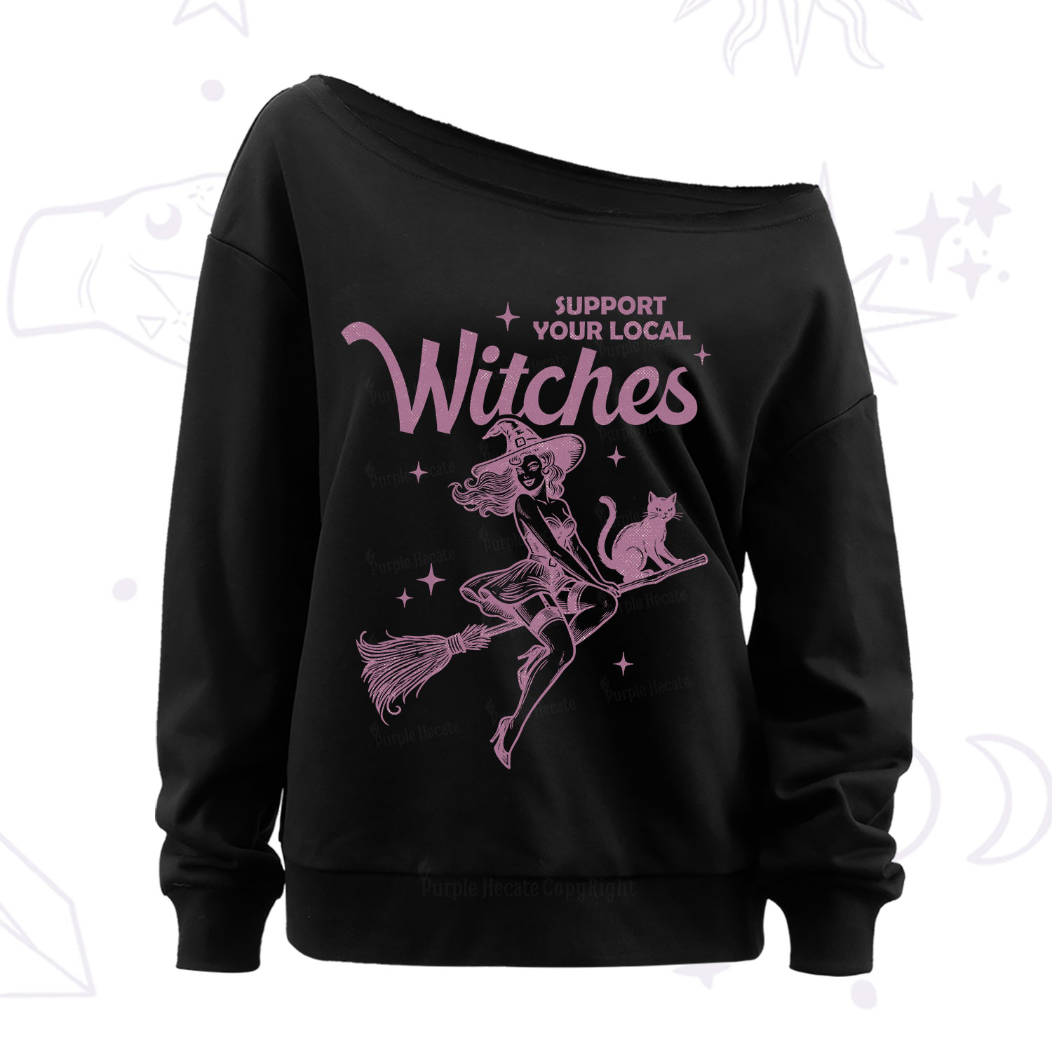 Purplehecate Support Your Local Witches Funny Witch Off The Shoulder Sweatshirt
