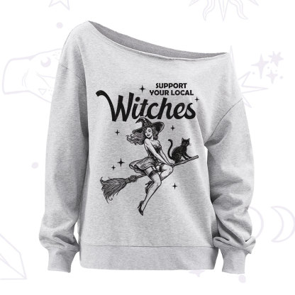 Purplehecate Support Your Local Witches Funny Witch Off The Shoulder Sweatshirt