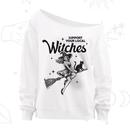 Purplehecate Support Your Local Witches Funny Witch Off The Shoulder Sweatshirt