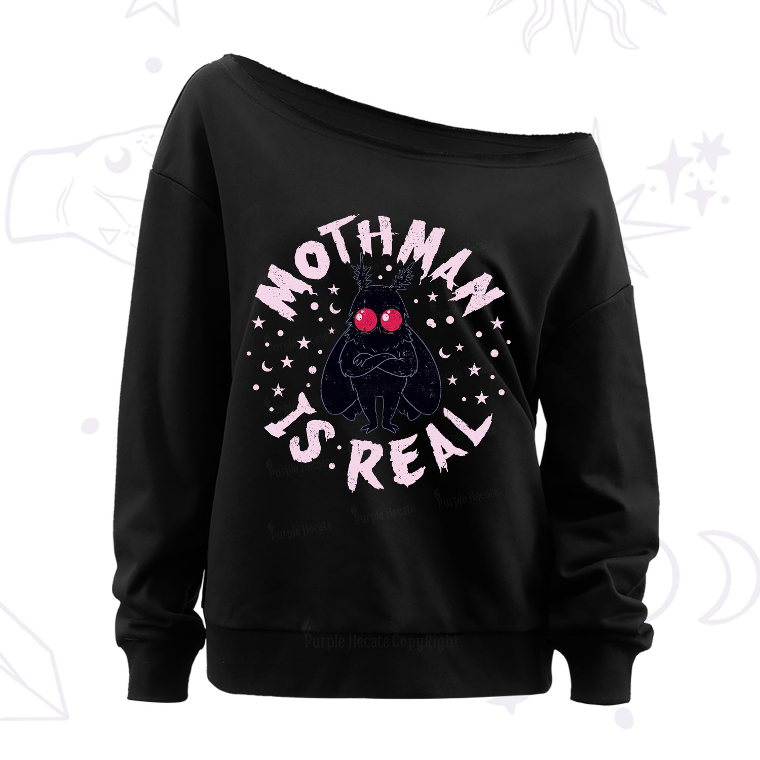 Purplehecate Mothman Is Real Off The Shoulder Sweatshirt