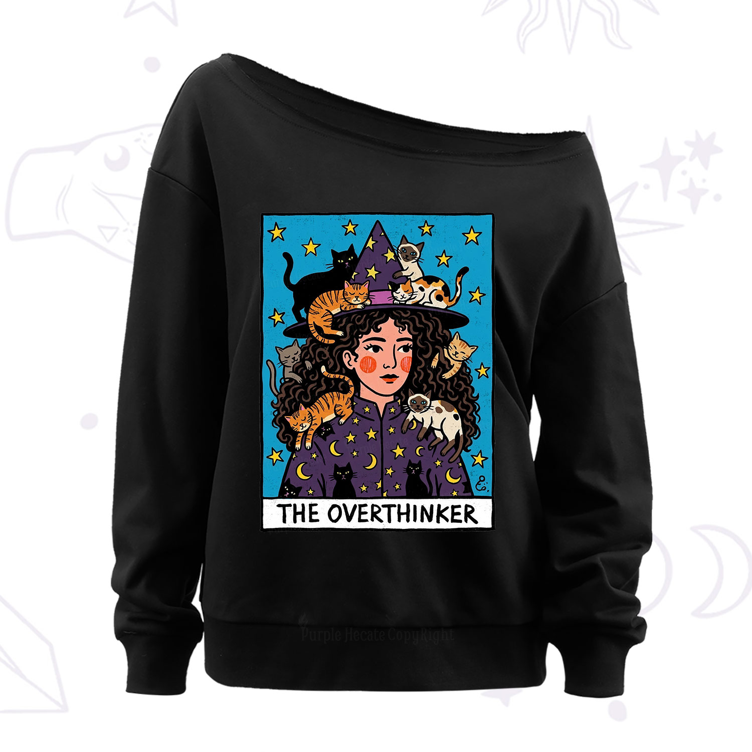 Purplehecate The Overthinker Witch Cat Party Off The Shoulder Sweatshirt