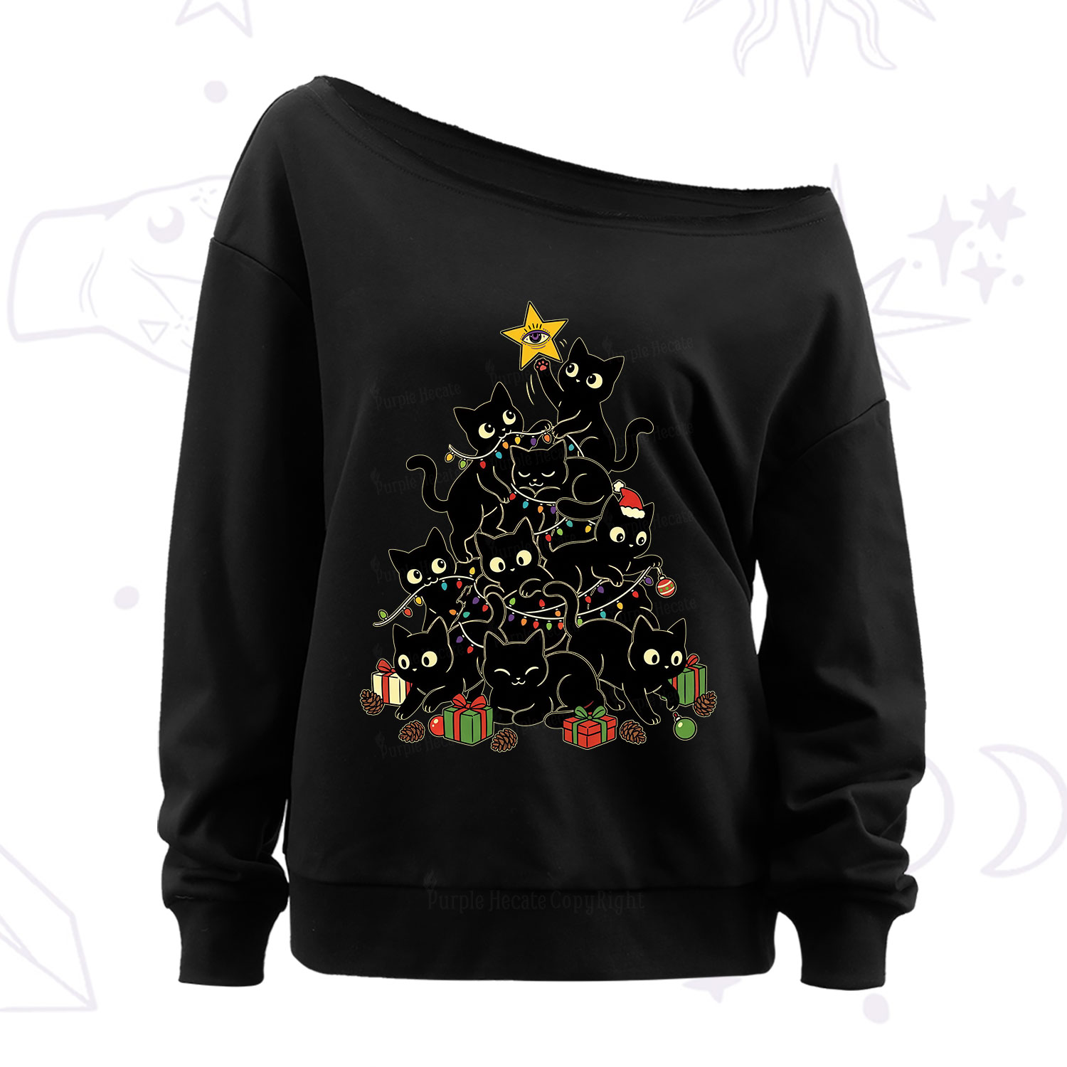 Purplehecate Black Cat Christmas Tree Off The Shoulder Sweatshirt