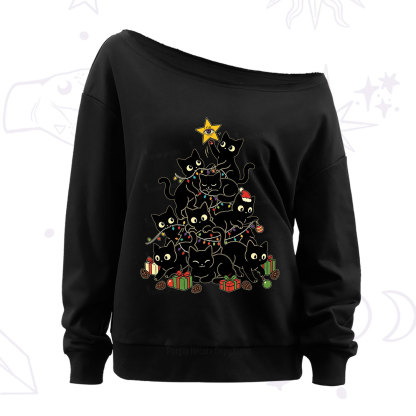 Purplehecate Black Cat Christmas Tree Off The Shoulder Sweatshirt