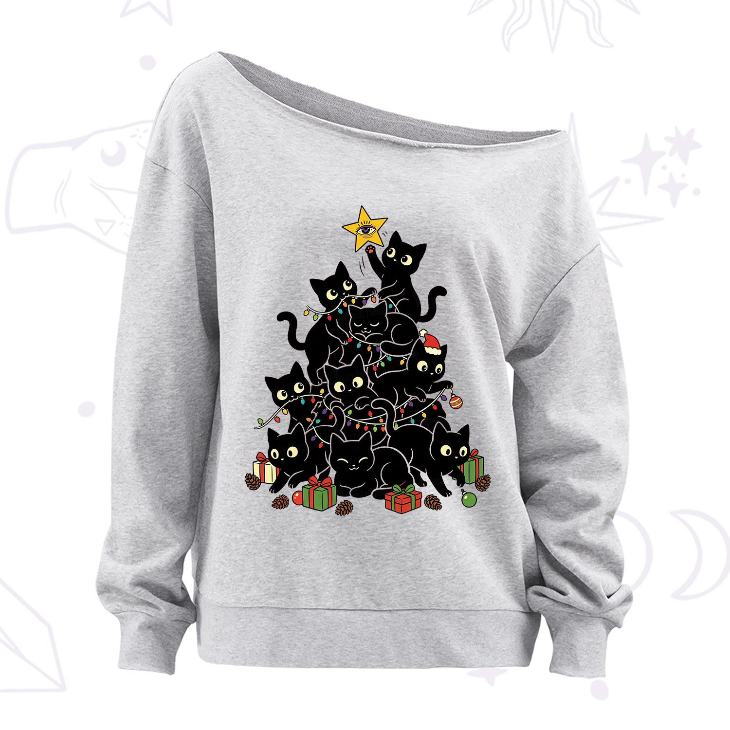 Purplehecate Black Cat Christmas Tree Off The Shoulder Sweatshirt