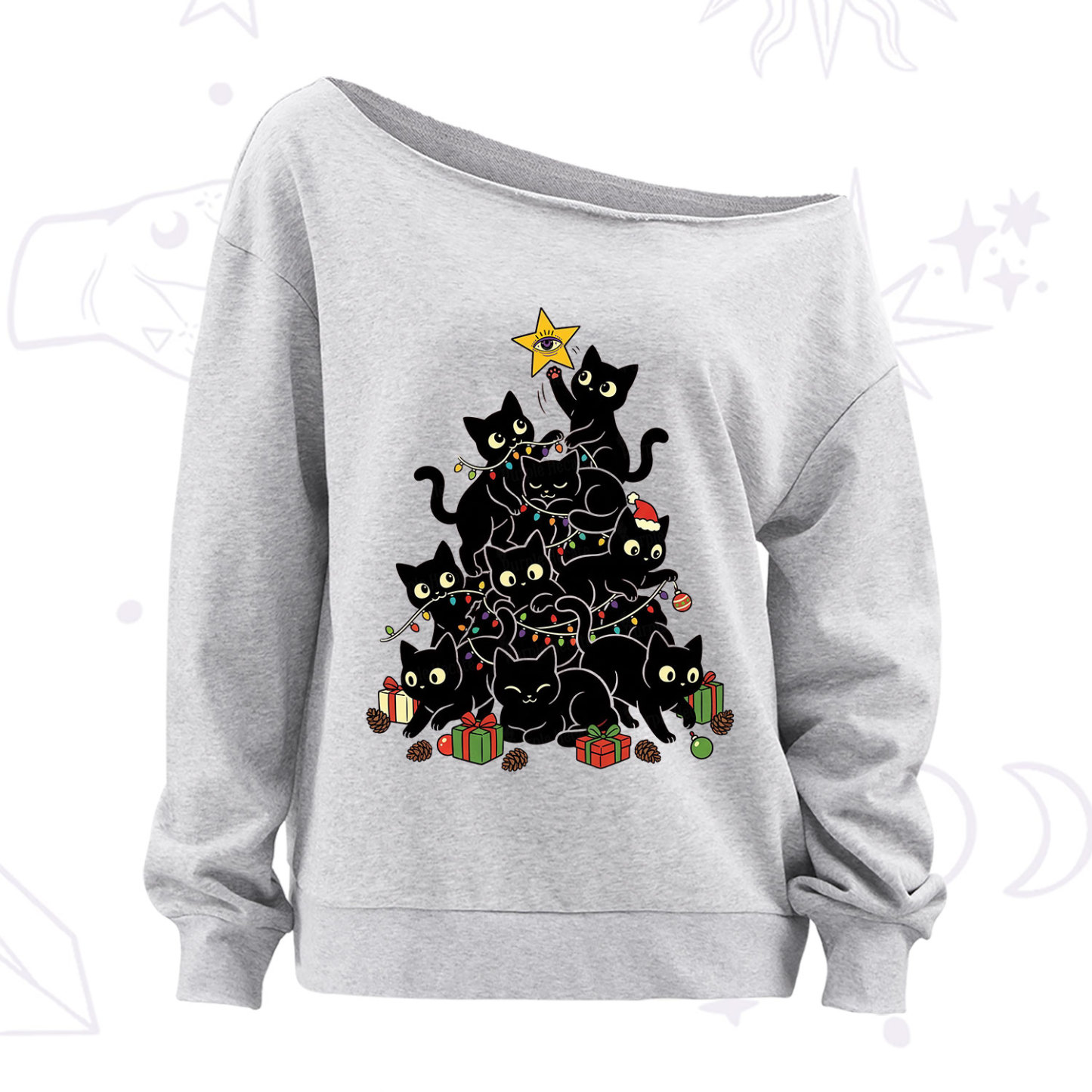 Purplehecate Black Cat Christmas Tree Off The Shoulder Sweatshirt