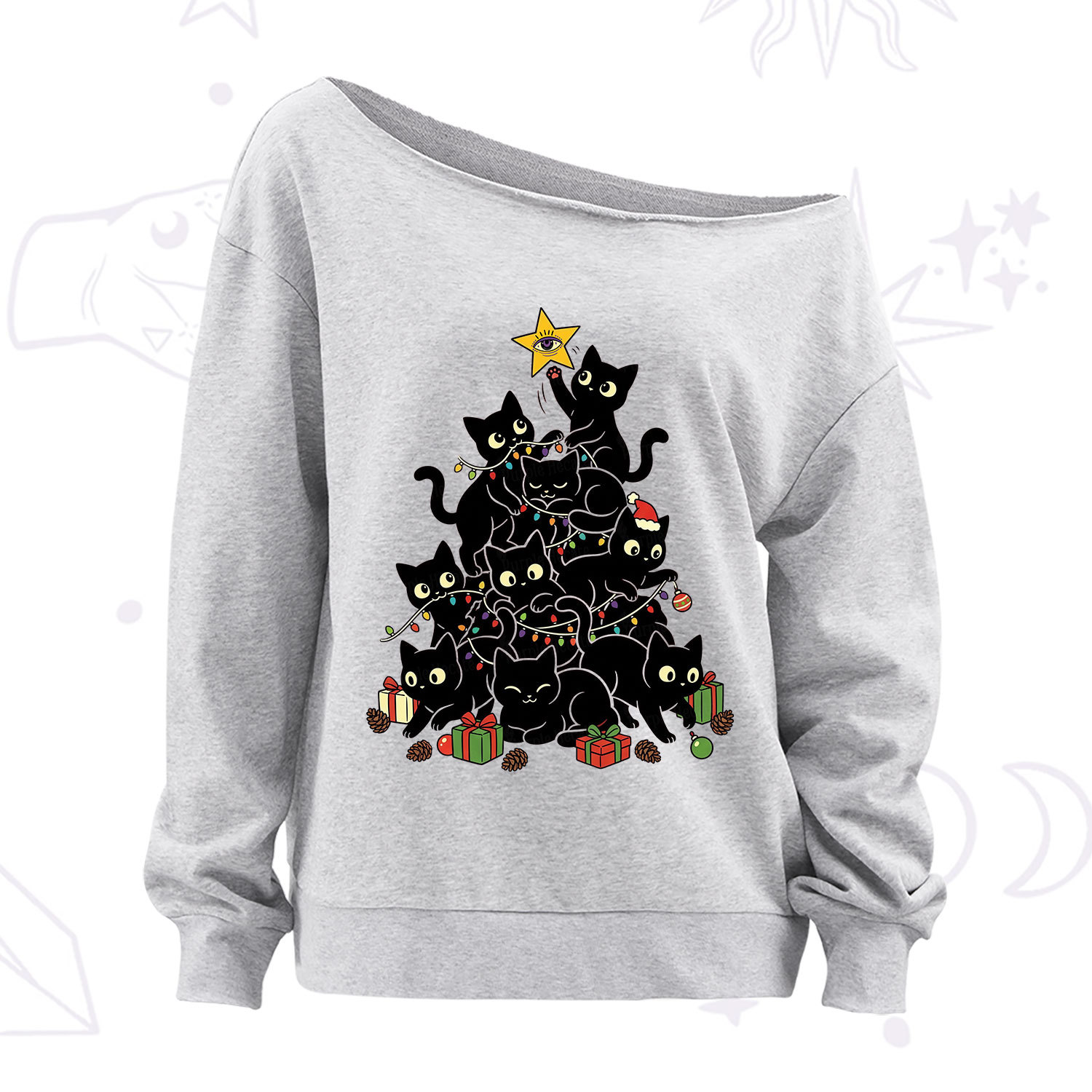 Purplehecate Black Cat Christmas Tree Off The Shoulder Sweatshirt