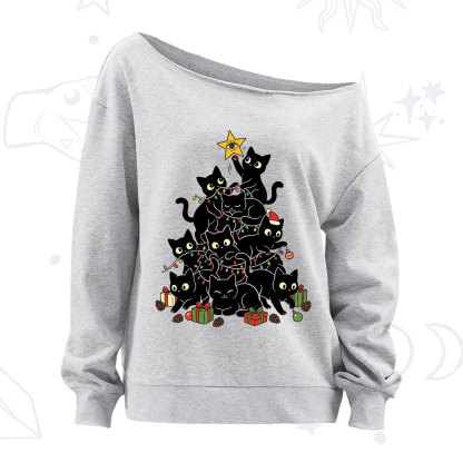 Purplehecate Black Cat Christmas Tree Off The Shoulder Sweatshirt