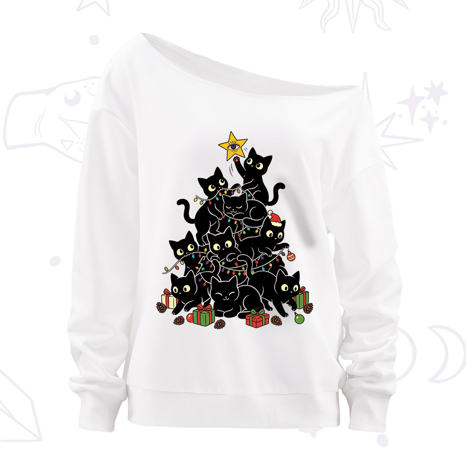 Purplehecate Black Cat Christmas Tree Off The Shoulder Sweatshirt