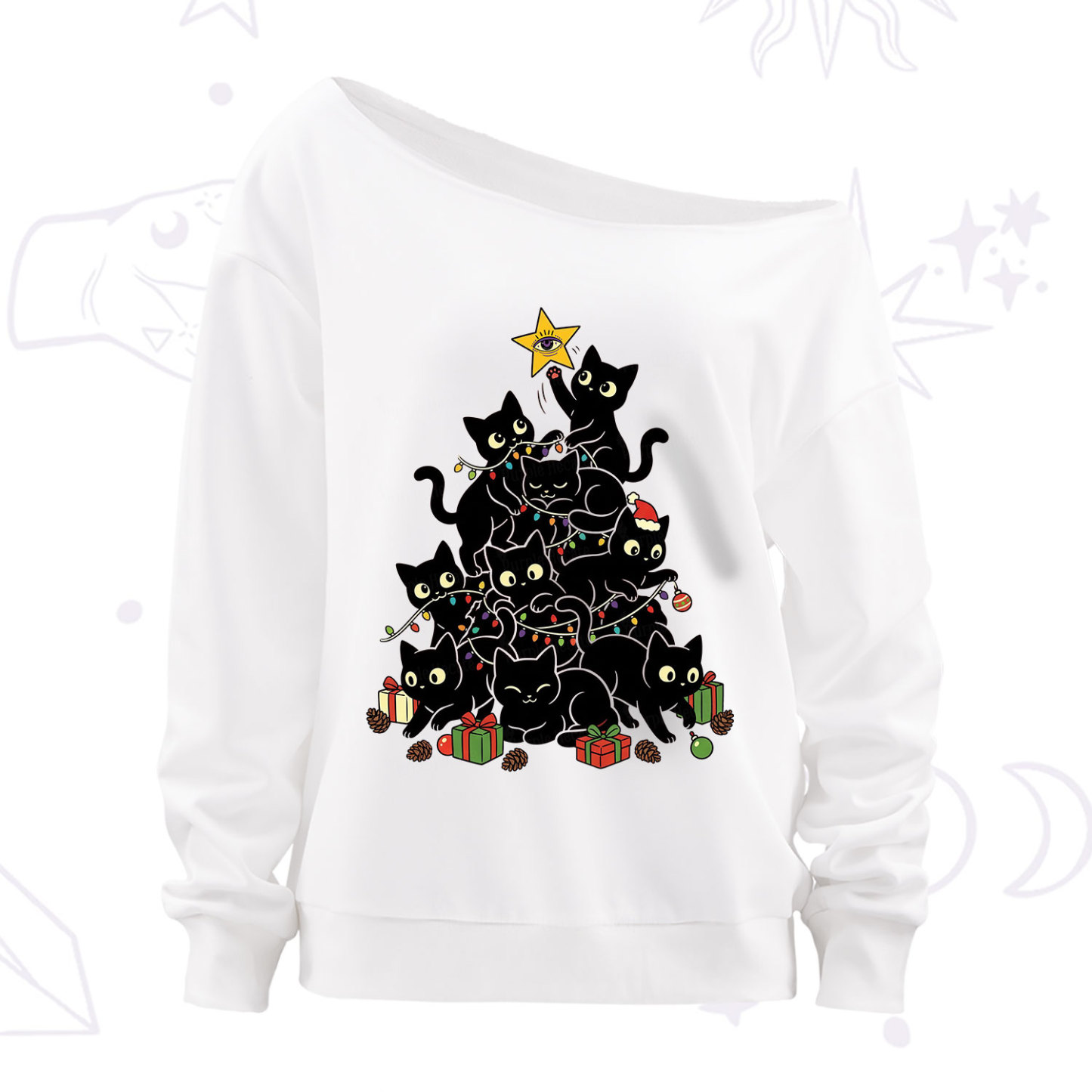 Purplehecate Black Cat Christmas Tree Off The Shoulder Sweatshirt
