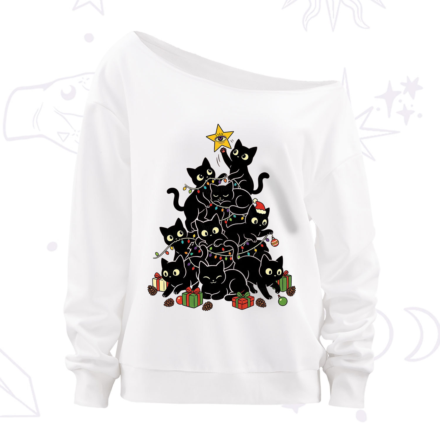 Purplehecate Black Cat Christmas Tree Off The Shoulder Sweatshirt