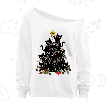 Purplehecate Black Cat Christmas Tree Off The Shoulder Sweatshirt
