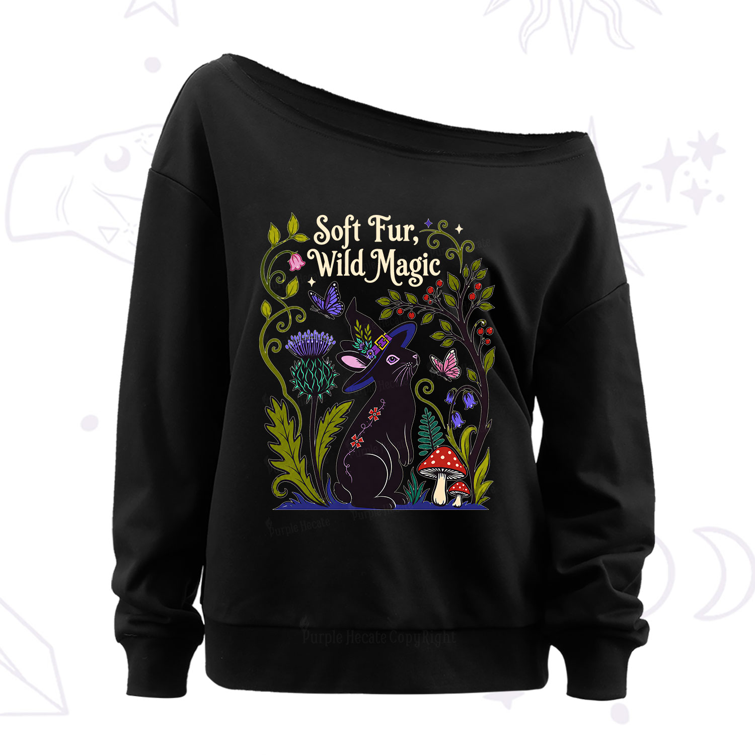 Purplehecate Soft Fur Wild Magic Black Bunny Off The Shoulder Sweatshirt