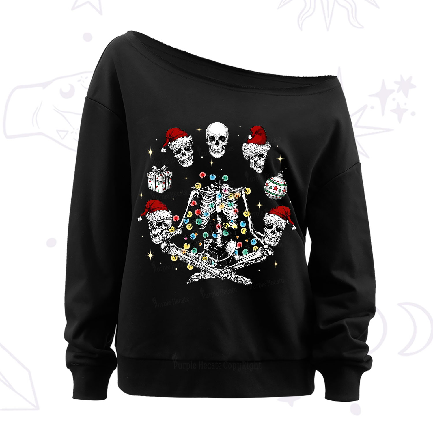 Purplehecate Skeleton Heads Christmas Off The Shoulder Sweatshirt