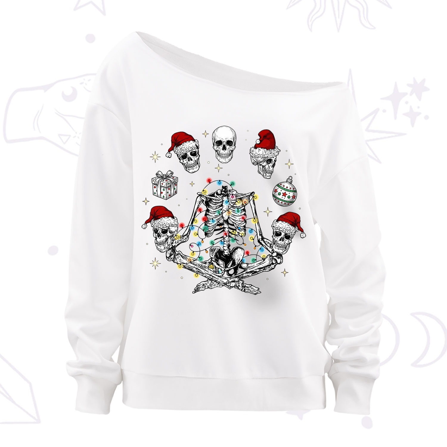 Purplehecate Skeleton Heads Christmas Off The Shoulder Sweatshirt