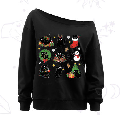 Purplehecate Christmas Black Cat Off The Shoulder Sweatshirt