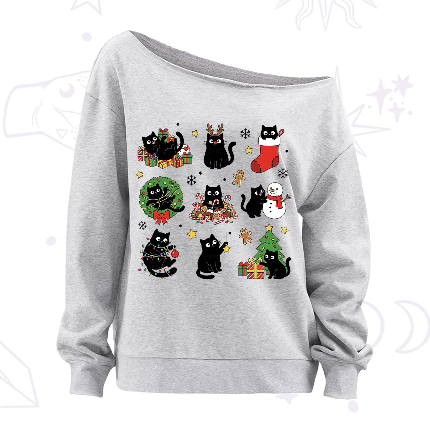 Purplehecate Christmas Black Cat Off The Shoulder Sweatshirt
