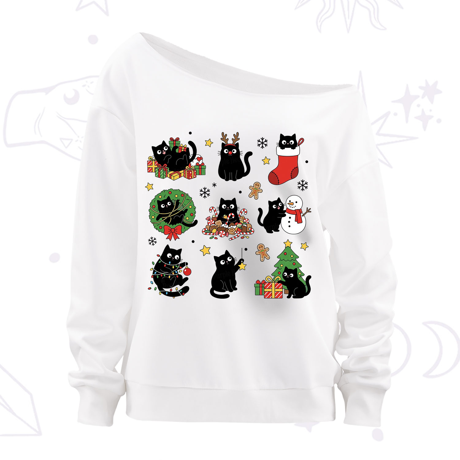 Purplehecate Christmas Black Cat Off The Shoulder Sweatshirt