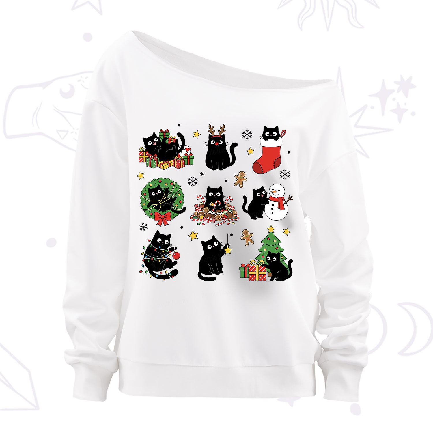 Purplehecate Christmas Black Cat Off The Shoulder Sweatshirt
