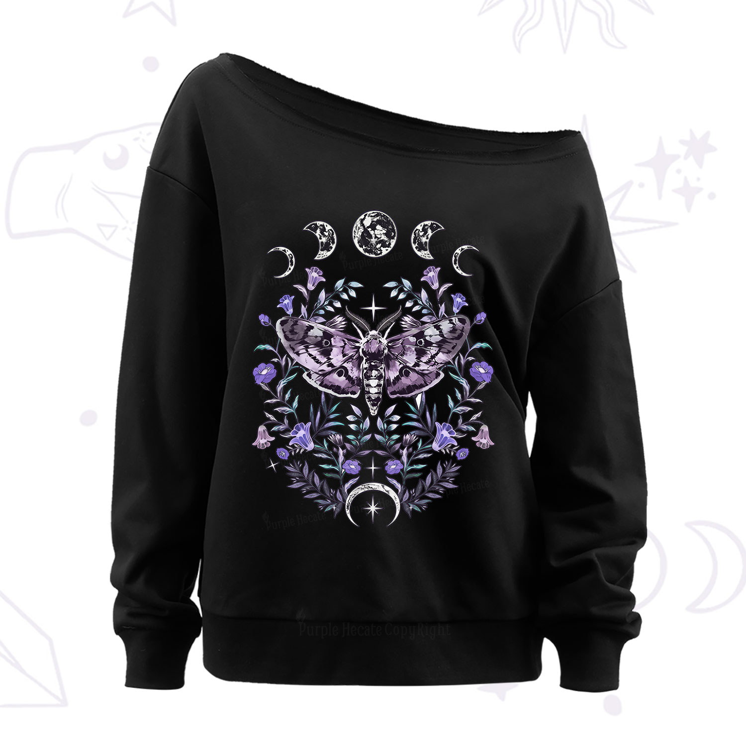 Purplehecate Gothic Mysterious Moth with Moon Off The Shoulder Sweatshirt