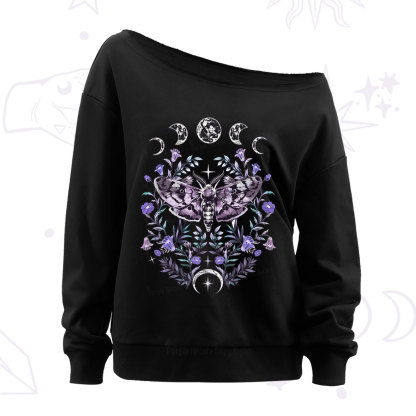 Purplehecate Gothic Mysterious Moth with Moon Off The Shoulder Sweatshirt