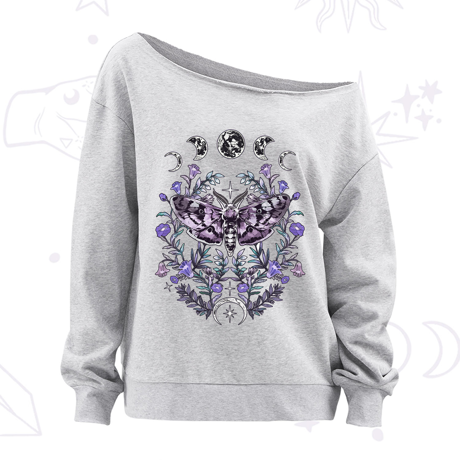 Purplehecate Gothic Mysterious Moth with Moon Off The Shoulder Sweatshirt