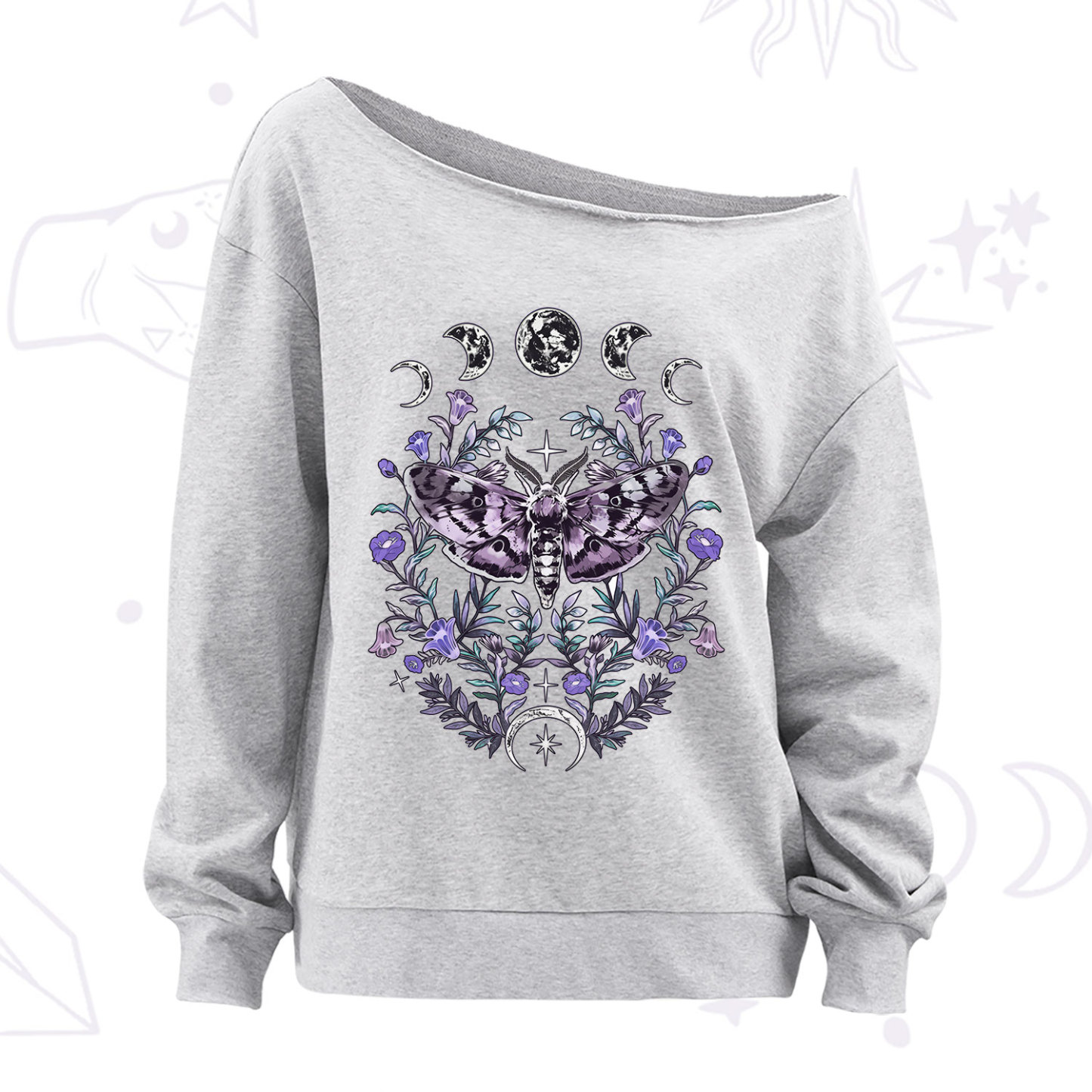 Purplehecate Gothic Mysterious Moth with Moon Off The Shoulder Sweatshirt