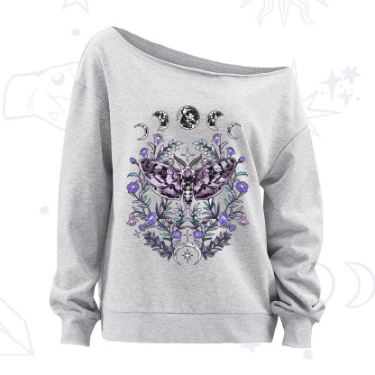 Purplehecate Gothic Mysterious Moth with Moon Off The Shoulder Sweatshirt